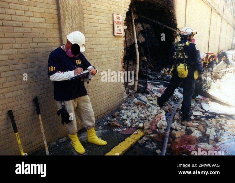 This undated photo provided by the FBI shows damage to the Pentagon ...