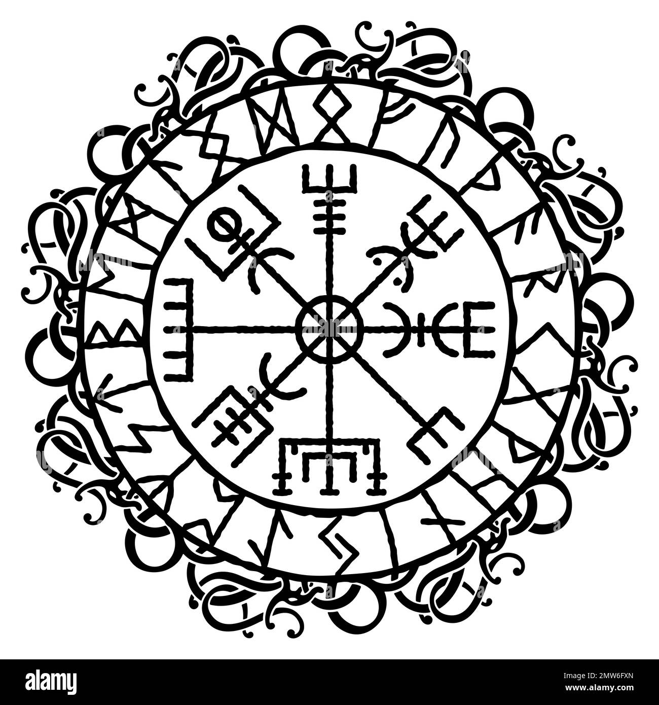 Vegvisir, magischer antiker isländischer wikinger-Navigationskompass mit skandinavischen Mustern und Runen, Vektordarstellung. Keltische Knotentätowierung, T-Shirt Stock Vektor