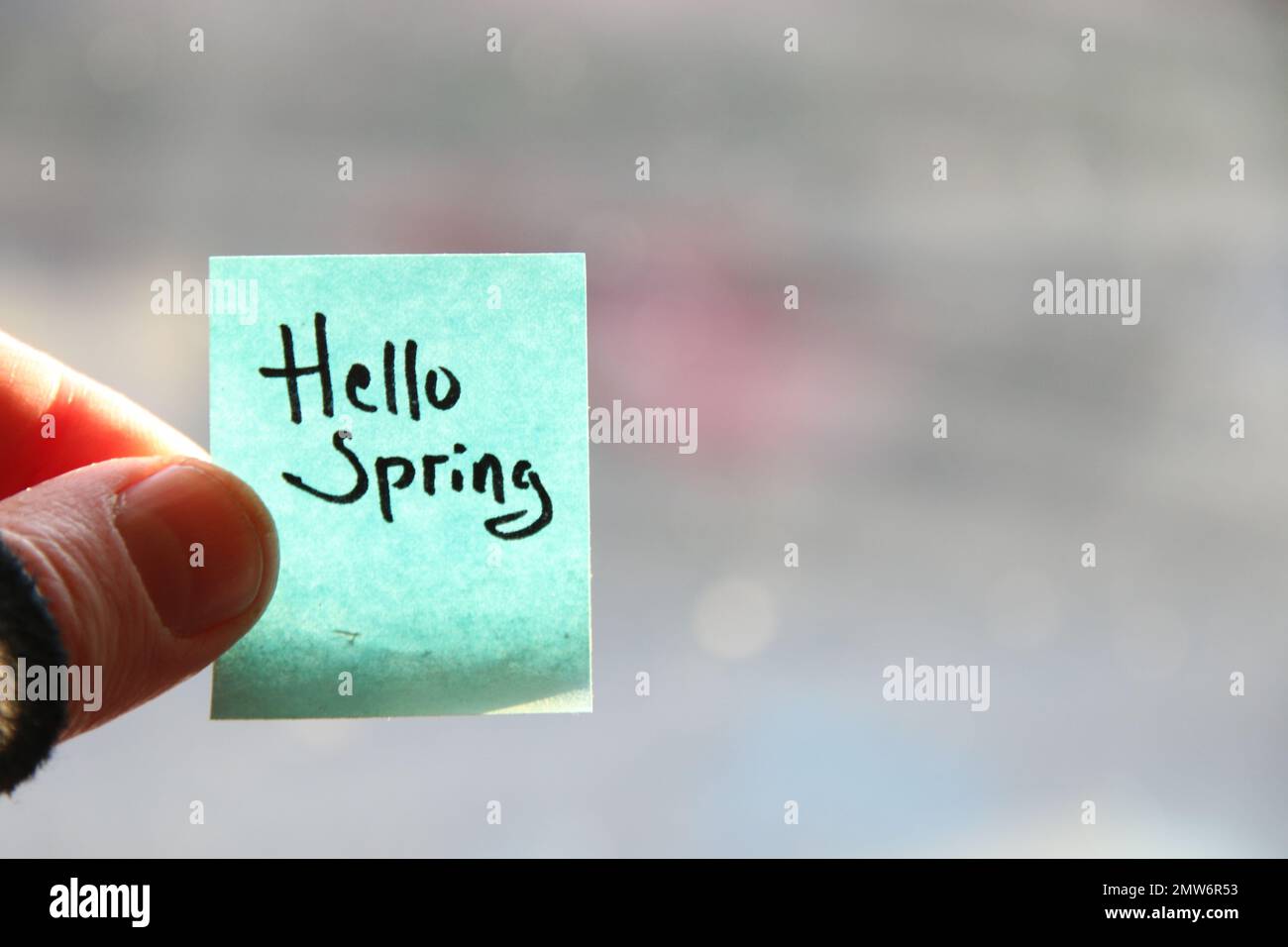 Hallo Frühlingskonzept! Die Inschrift auf dem blauen Schild. Stockfoto