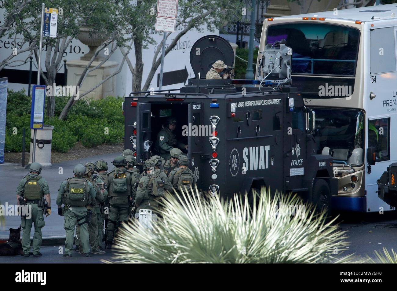 Las Vegas SWAT officers surround a bus along Las Vegas Boulevard ...