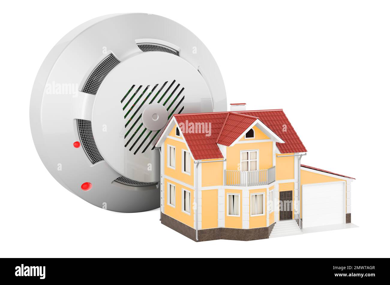 Feuer- und Flammenmelder mit Haus, 3D-Rendering auf weißem Hintergrund isoliert Stockfoto