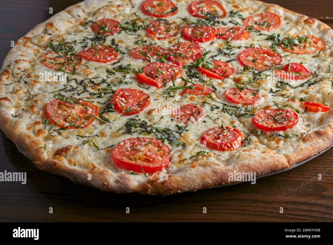 Weiße Gourmet-Pizza-Pastete mit Roma-Tomaten und frischem Basilikum Stockfoto