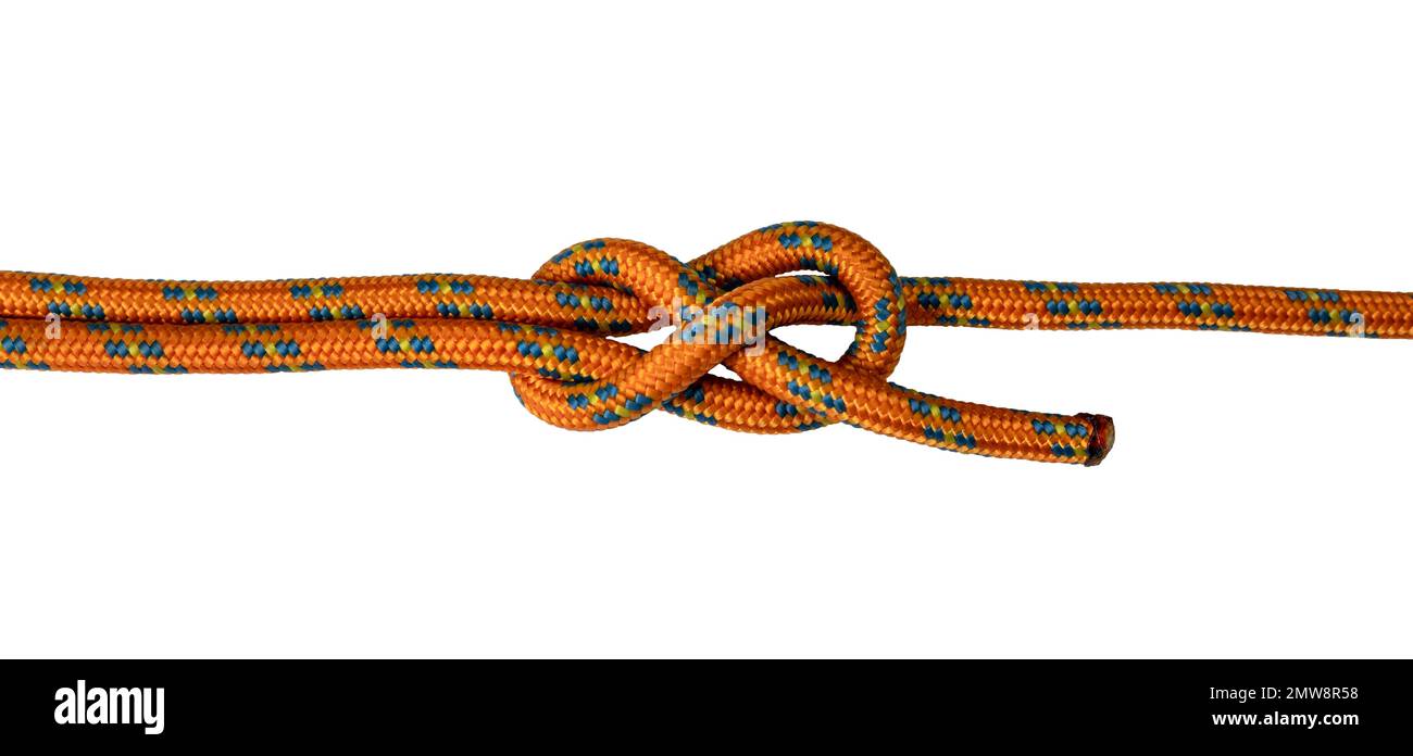 Banner- oder Biegeknoten, orangefarbenes Seil, weißer Hintergrund Stockfoto