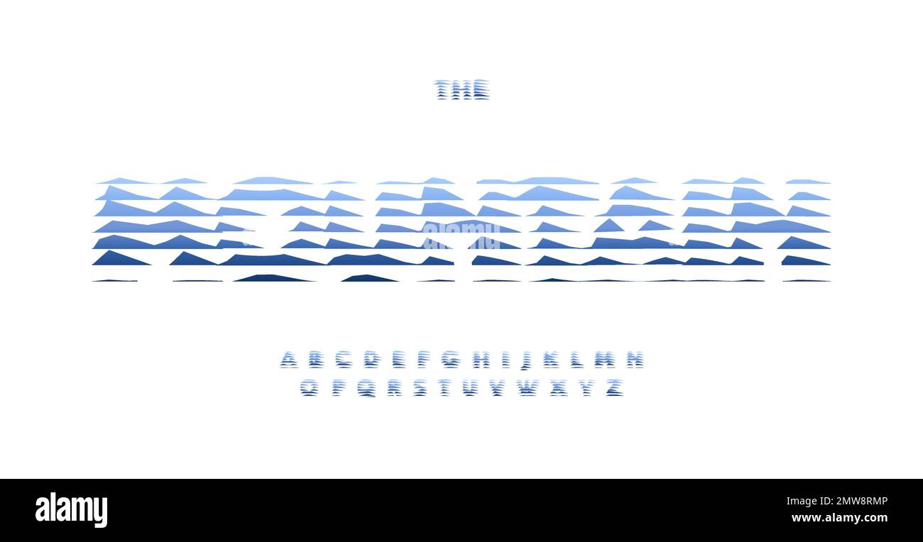Alphabet der Berge, abstrakte polygonale Buchstaben der Hügel, kreative Schriftart für das Reiselogo, Wandern und Klettern Schlagzeile, einzigartige ungewöhnliche Typografie, flach Stock Vektor