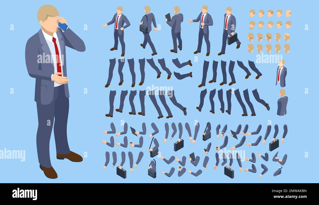 Isometrischer man-Character-Konstruktor für Beschreibung. Eine flache Darstellung der Geschäftsmannsfigur, isoliert im Hintergrund. Stock Vektor
