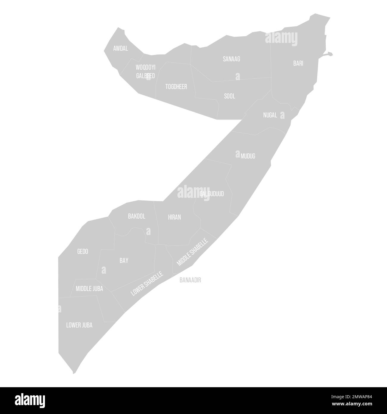 Politische Karte der Verwaltungsabteilungen in Somalia Stock Vektor