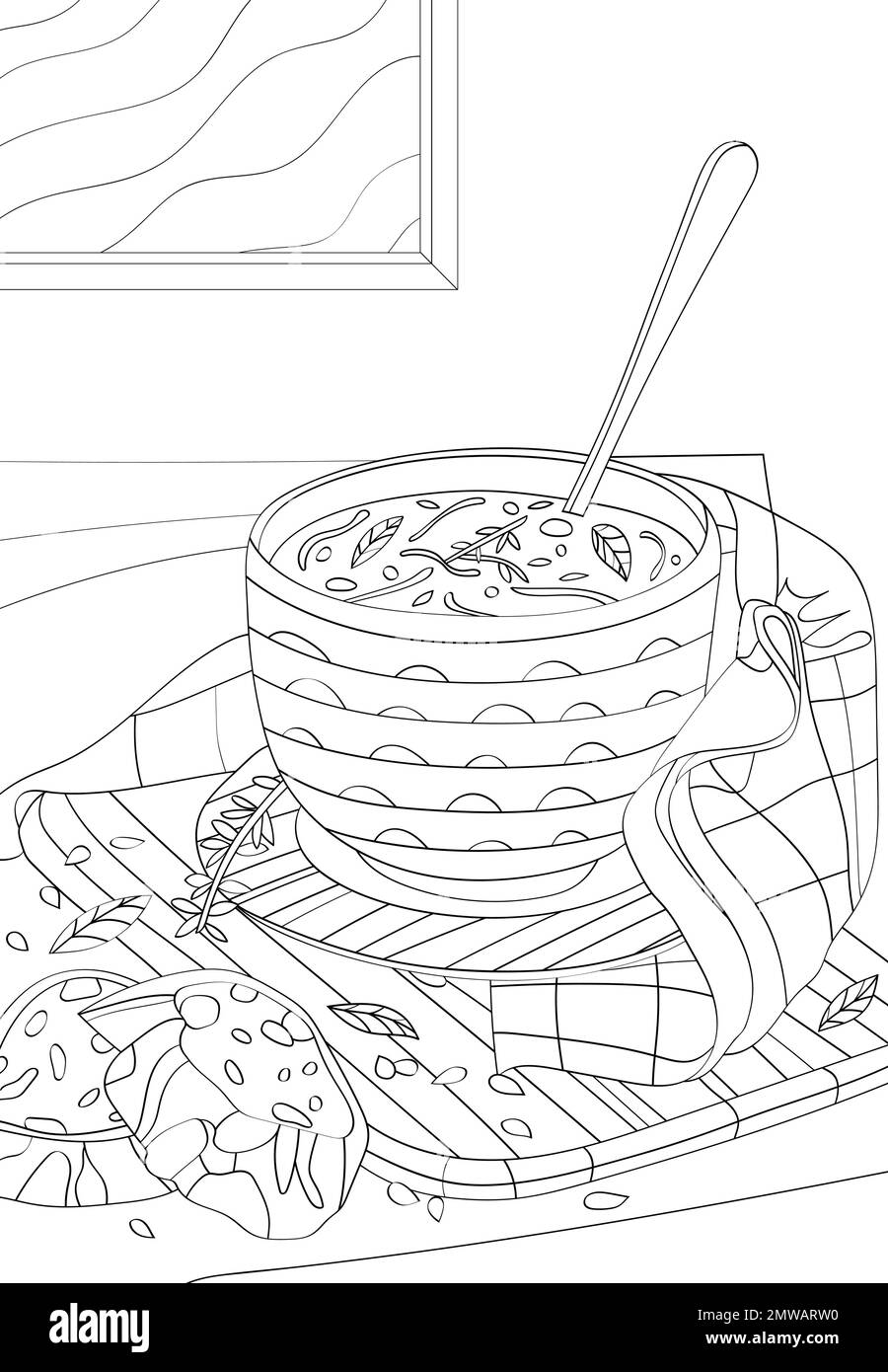 Eine Schüssel Suppe und zwei Scheiben Brot. Vector Anti Stress Malbuch. Stock Vektor