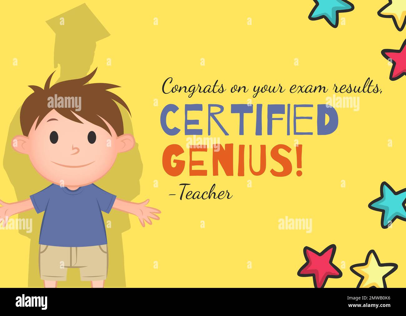 Illustration eines Jungen und Glückwunsch zu Ihren Prüfungsergebnissen, zertifizierter genialer Text mit bunten Sternen Stockfoto
