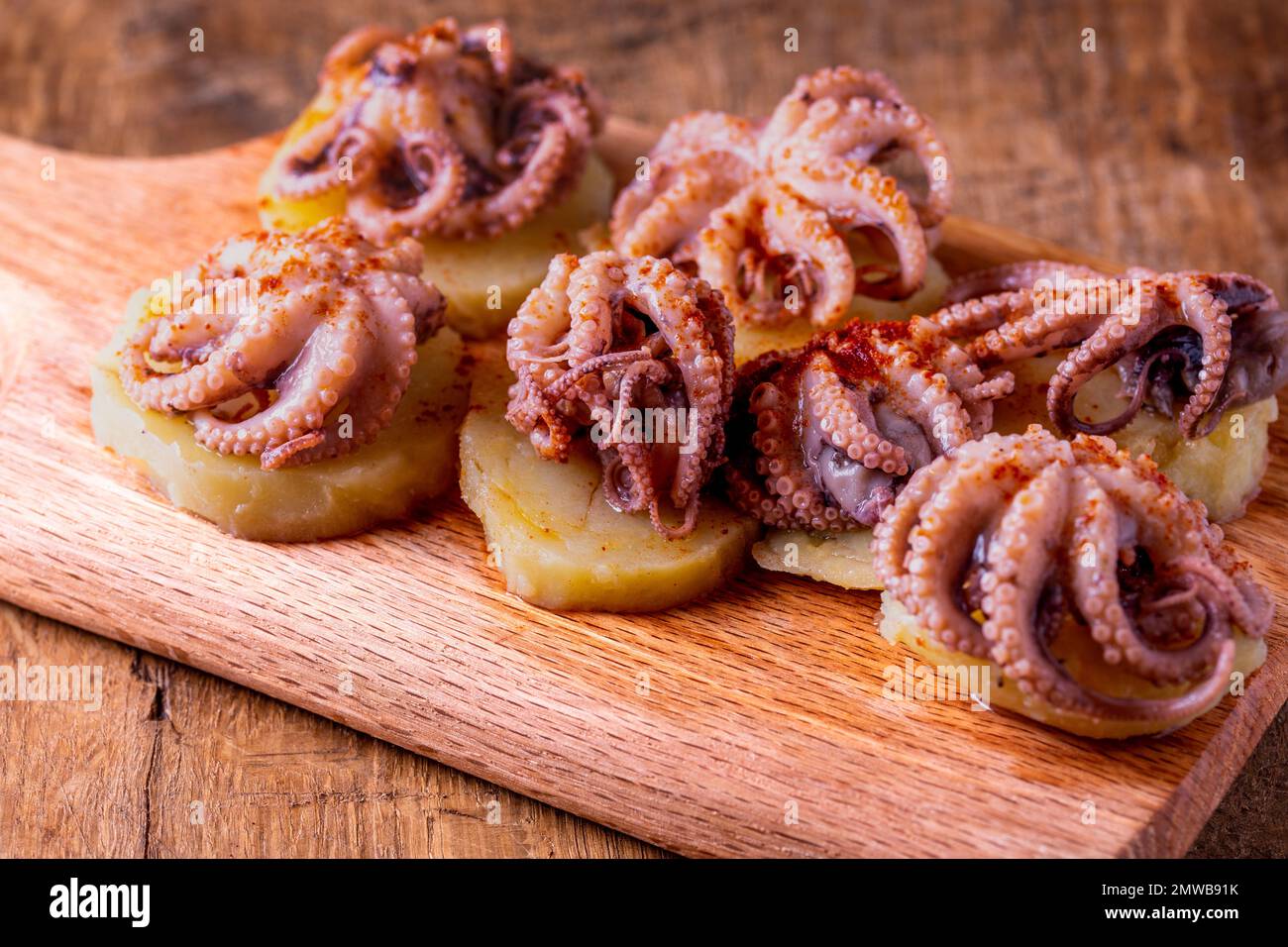 Pulpo a la Gallega (Galicischer Tintenfisch) ist ein typisches Gericht aus Galicien. Tintenfisch auf dem Schneidebrett. Stockfoto