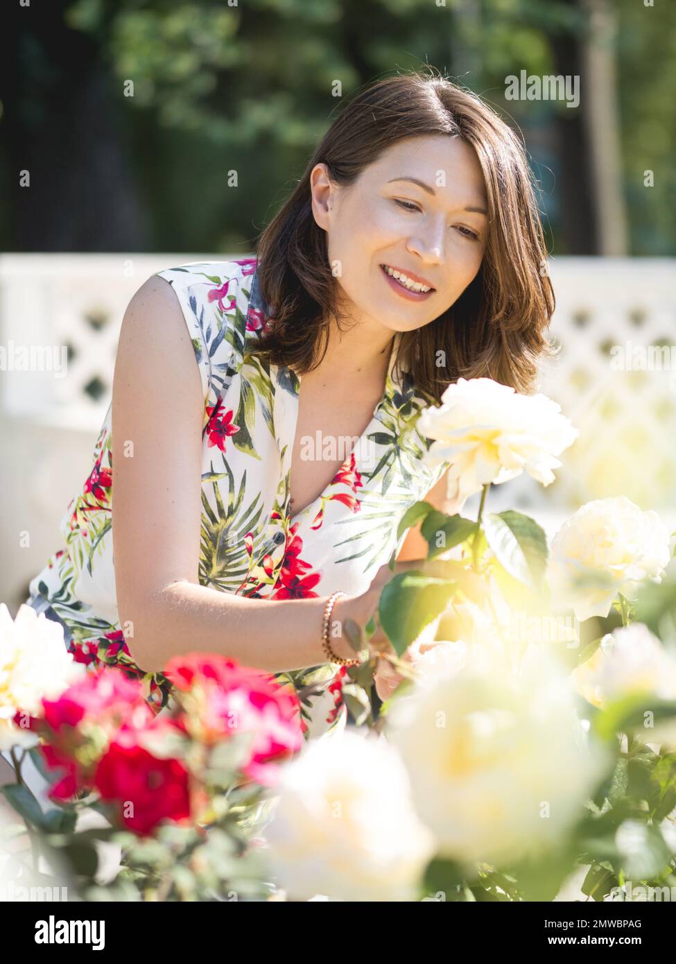 Eine weiße Frau bewundert blühende Rosen im öffentlichen Park. Sommerliche Stimmung. Tropische Pflanzen und Blumen blühen im Garten. Stockfoto