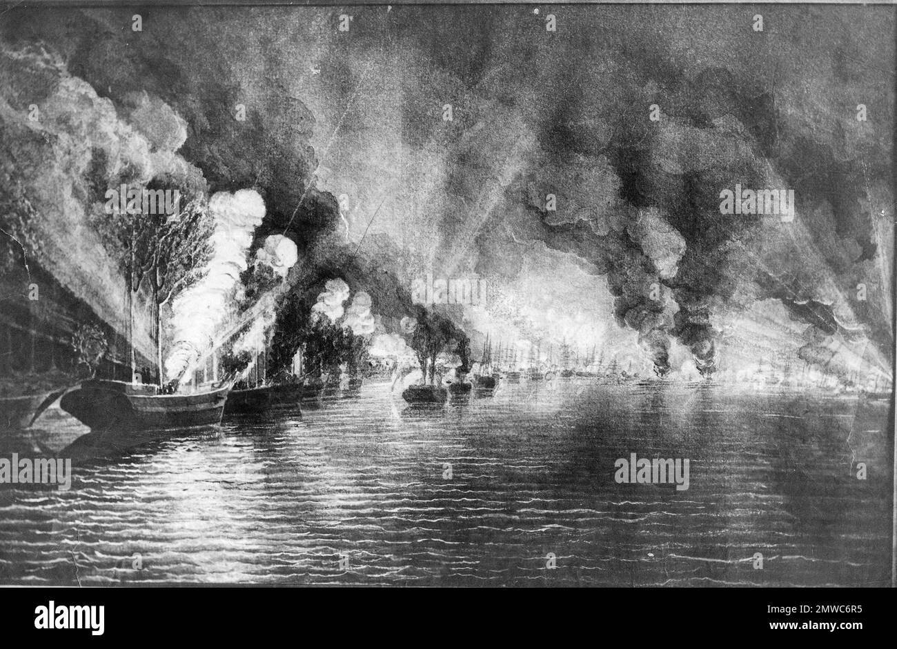 Die Schlacht von Forts Jackson und St. Philip (18.-28. April 1862) war der entscheidende Kampf um den Besitz von New Orleans im Amerikanischen Bürgerkrieg. Die beiden Festungen der Konföderierten am Mississippi südlich der Stadt wurden von einer Flotte der Union Navy angegriffen. Die Bombardierung der Festungen war größtenteils wirkungslos, aber der Übergang der unionistischen Flotte in der Nacht des 24. April 1862 führte zu einer Schlacht, in der die konföderierte Flotte zerstört wurde, und New Orleans stürzte ohne weitere Kämpfe. Dieses Bild zeigt die Unioist-Flotte, die auf die Landbatterien der Konföderierten feuert. Stockfoto