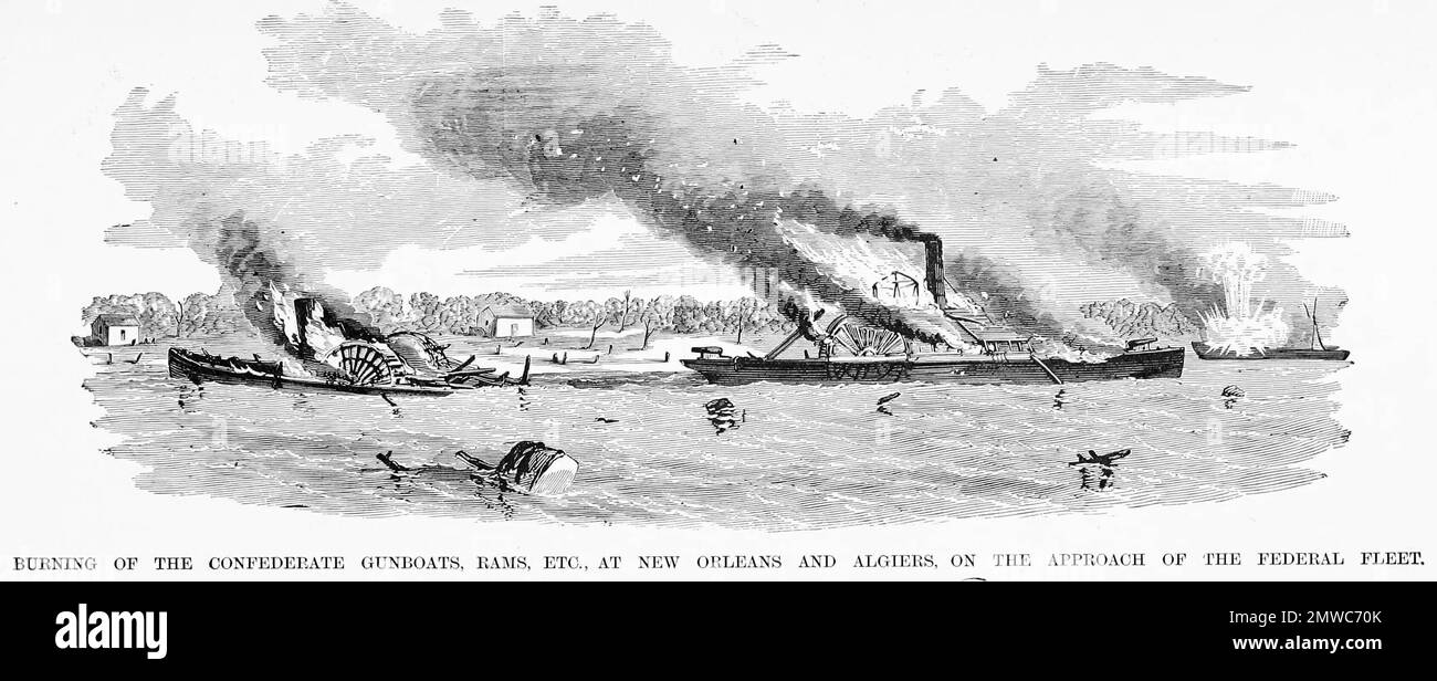 Die Schlacht von Forts Jackson und St. Philip (18.-28. April 1862) war der entscheidende Kampf um den Besitz von New Orleans im Amerikanischen Bürgerkrieg. Die beiden Festungen der Konföderierten am Mississippi südlich der Stadt wurden von einer Flotte der Union Navy angegriffen. Die Bombardierung der Festungen war größtenteils wirkungslos, aber der Übergang der unionistischen Flotte in der Nacht des 24. April 1862 führte zu einer Schlacht, in der die konföderierte Flotte zerstört wurde, und New Orleans stürzte ohne weitere Kämpfe. Dieses Bild zeigt die Verbrennung der Kanonenboote der Konföderierten, Rammen usw. in New Orleans und Algier bei der Annäherung Stockfoto