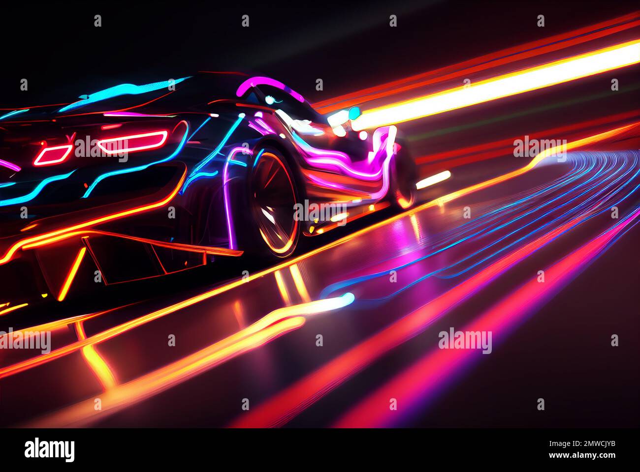 Futuristisches Super Car Auf Dem Neon Highway. Kraftvolle Beschleunigung eines Supersportwagens auf einer Nachtstrecke mit farbenfrohen Neonlichtern und Trails, die mit Gen erstellt wurden Stockfoto
