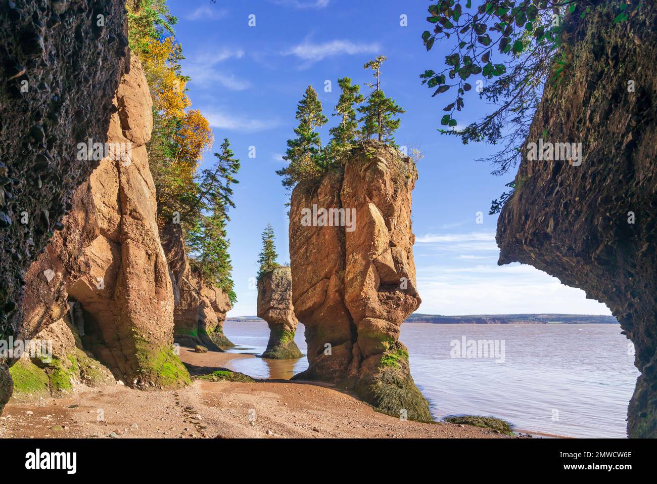 Die Hopewell Rocks im Hopewell Rocks Provincial Park, New Brunswick, Cnaada, sind von Meeresstürmen und Klippen umgeben. Stockfoto