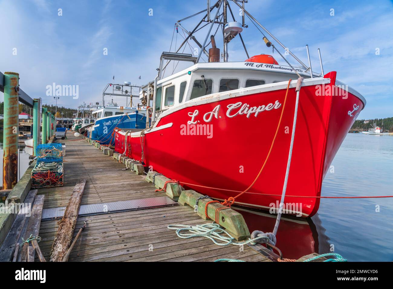 Farbenfrohe Fischerboote in Dipper Harbour, New Brunswick, Kanada. Stockfoto