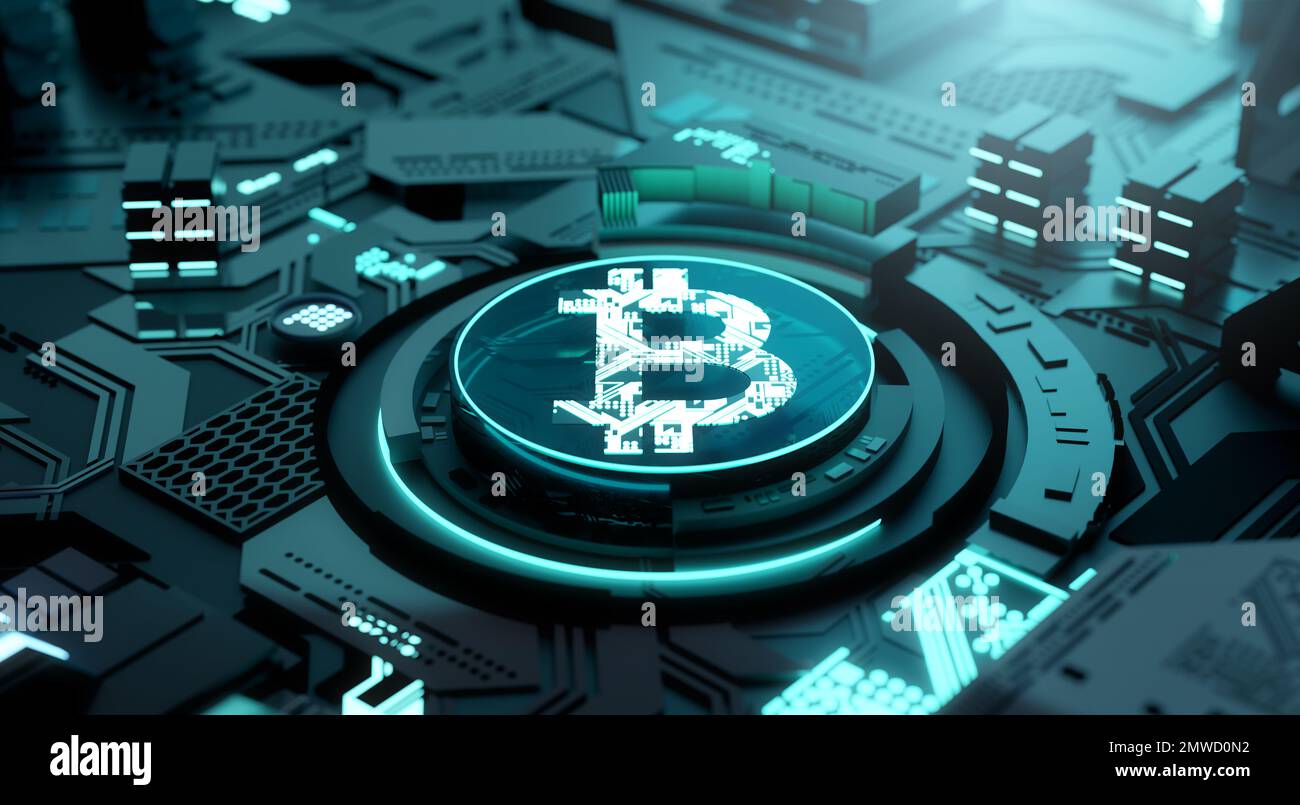 Bitcoin und Kryptowährung - Hintergrund der digitalen Geldtechnologie. 3D Abbildung Stockfoto