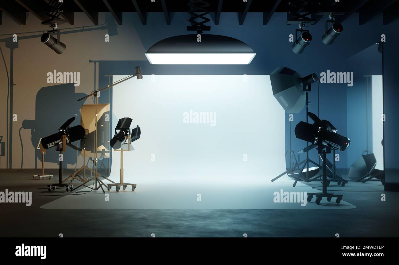Ein großes, leeres Fotostudio mit verschiedenen Beleuchtungseinrichtungen. 3D Abbildung Stockfoto