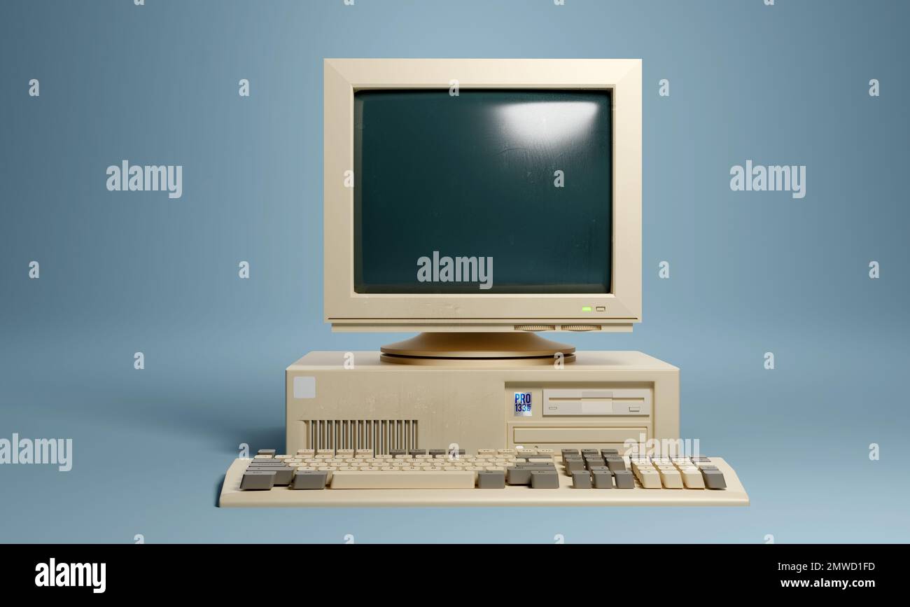 Beigefarbener Desktop-PC im Retro-1990er-Stil mit Monitorbildschirm und Tastatur. 3D Abbildung. Stockfoto