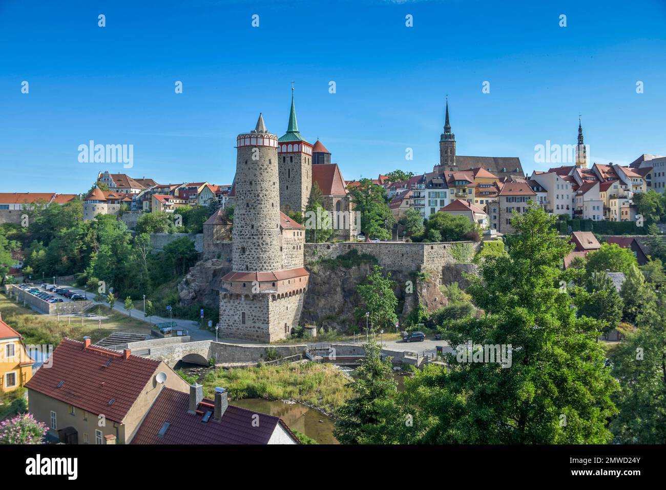 Stadtpanorama mit Turm Alte Wasserkunst, Bautzen, Sachsen, Deutschland Stockfoto