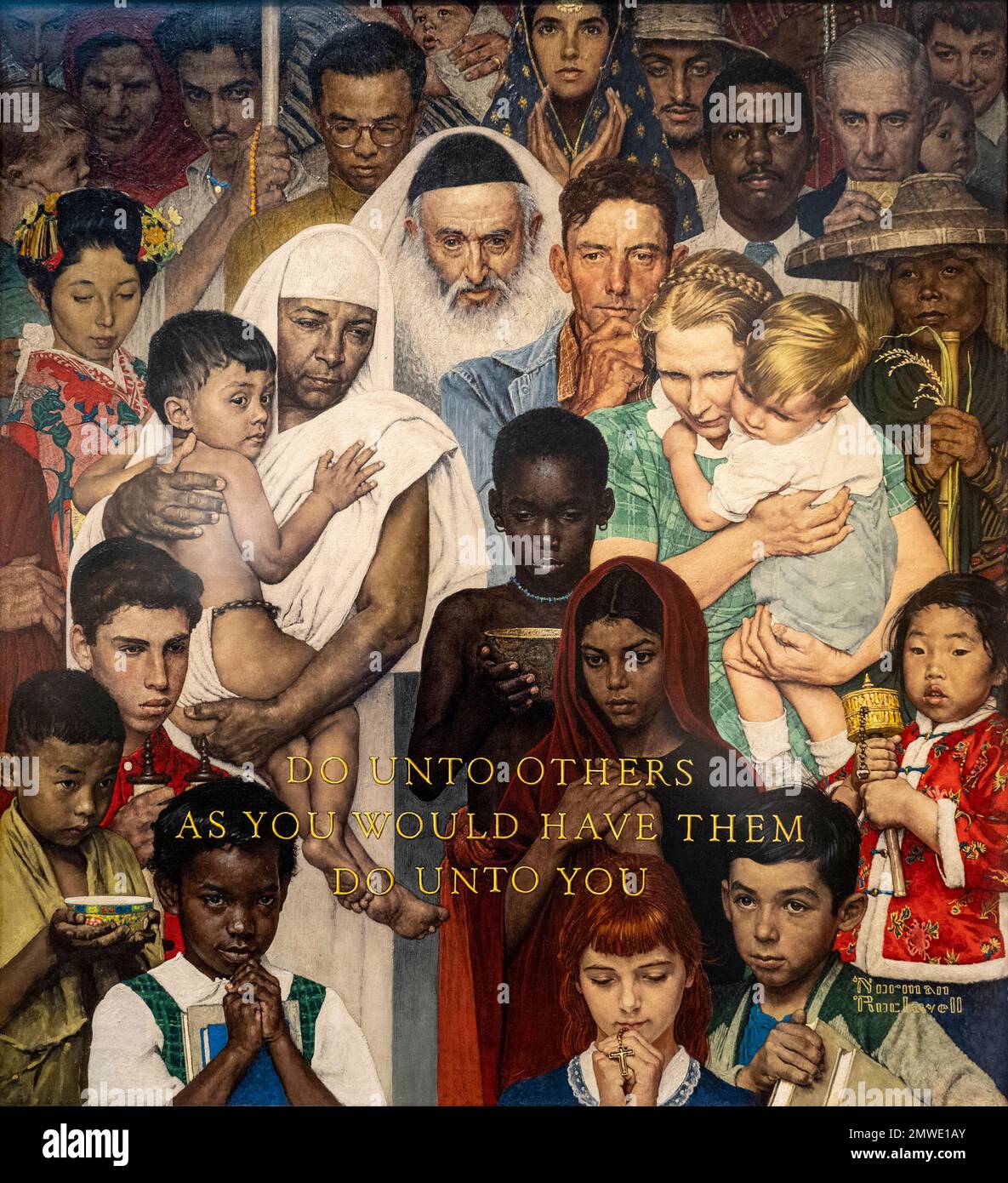 Norman Rockwell Gemälde genannt Goldene Regel, erstellt 1961 für das Samstagabend Post Magazin, das religiöse Toleranz gegenüber allen Glaubensrichtungen zeigt. Stockfoto