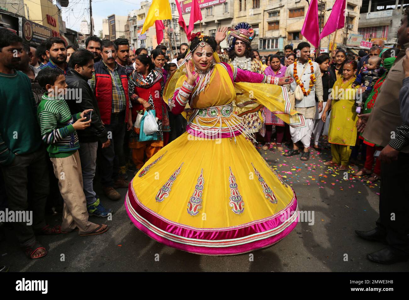 Indian Hindu devotees dressed as Hindi god Krishna and his consort