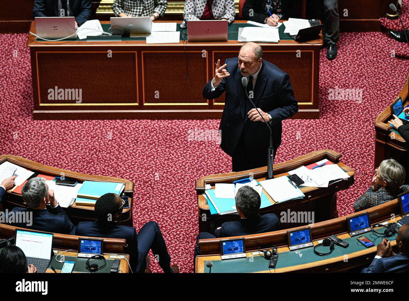 Paris, Frankreich, am 1. Februar 2023. Eric Dupond Moretti, französischer Justizminister, anlässlich einer Fragestunde an die Regierung im französischen Senat (Palais du Luxembourg) am 1. Februar 2023 in Paris, Frankreich. Foto: Victor Joly/ABACAPRESS.COM Stockfoto