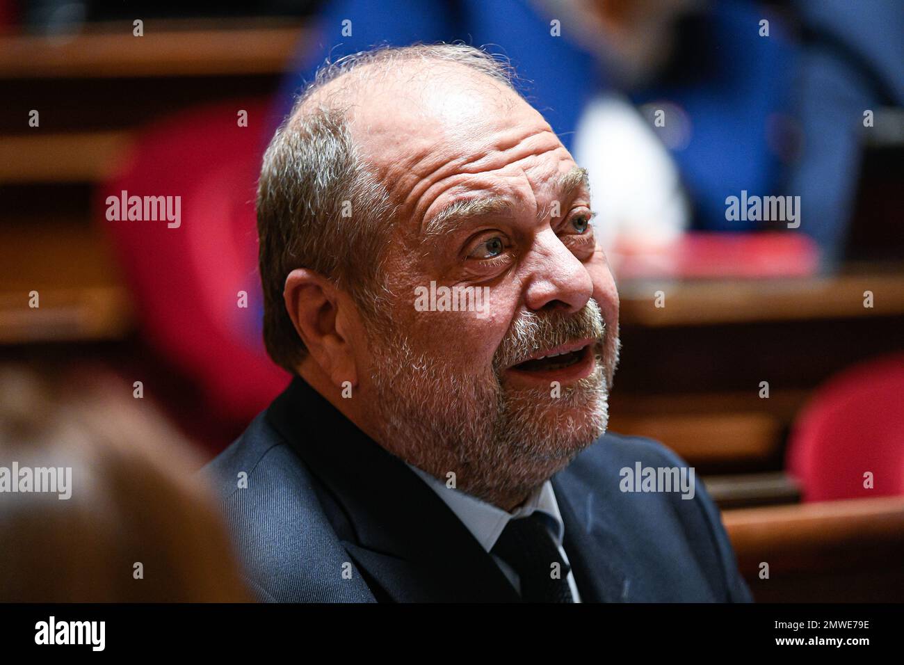 Paris, Frankreich, am 1. Februar 2023. Eric Dupond Moretti, französischer Justizminister, anlässlich einer Fragestunde an die Regierung im französischen Senat (Palais du Luxembourg) am 1. Februar 2023 in Paris, Frankreich. Foto: Victor Joly/ABACAPRESS.COM Stockfoto