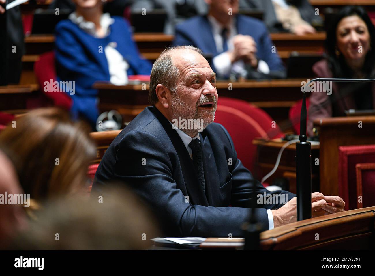 Paris, Frankreich, am 1. Februar 2023. Eric Dupond Moretti, französischer Justizminister, anlässlich einer Fragestunde an die Regierung im französischen Senat (Palais du Luxembourg) am 1. Februar 2023 in Paris, Frankreich. Foto: Victor Joly/ABACAPRESS.COM Stockfoto