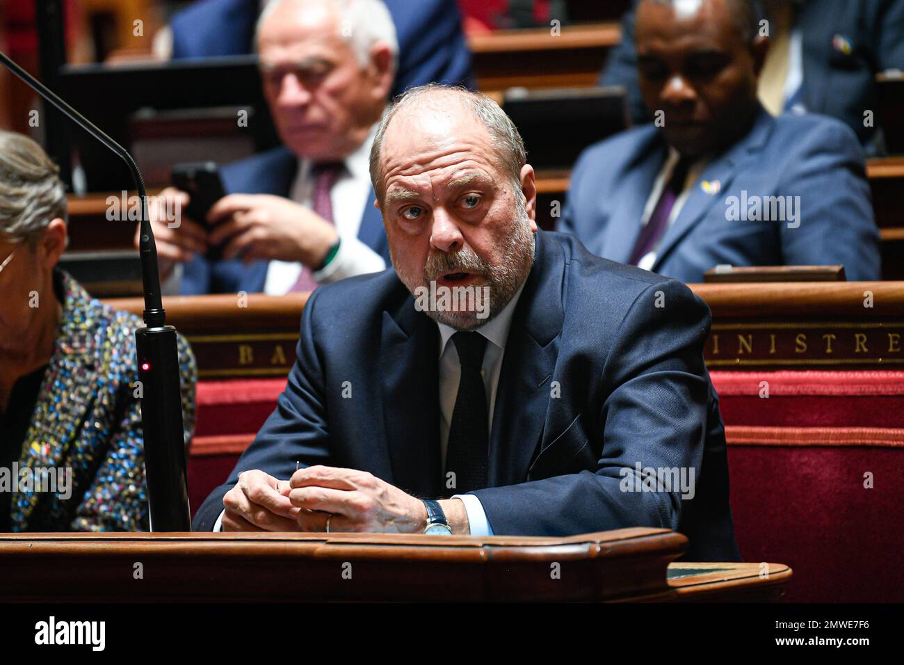 Paris, Frankreich, am 1. Februar 2023. Eric Dupond Moretti, französischer Justizminister, anlässlich einer Fragestunde an die Regierung im französischen Senat (Palais du Luxembourg) am 1. Februar 2023 in Paris, Frankreich. Foto: Victor Joly/ABACAPRESS.COM Stockfoto