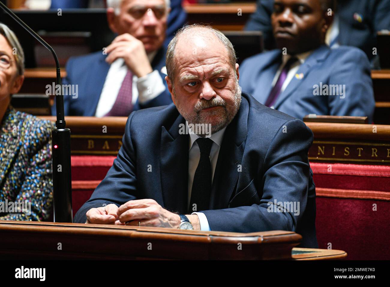Paris, Frankreich, am 1. Februar 2023. Eric Dupond Moretti, französischer Justizminister, anlässlich einer Fragestunde an die Regierung im französischen Senat (Palais du Luxembourg) am 1. Februar 2023 in Paris, Frankreich. Foto: Victor Joly/ABACAPRESS.COM Stockfoto