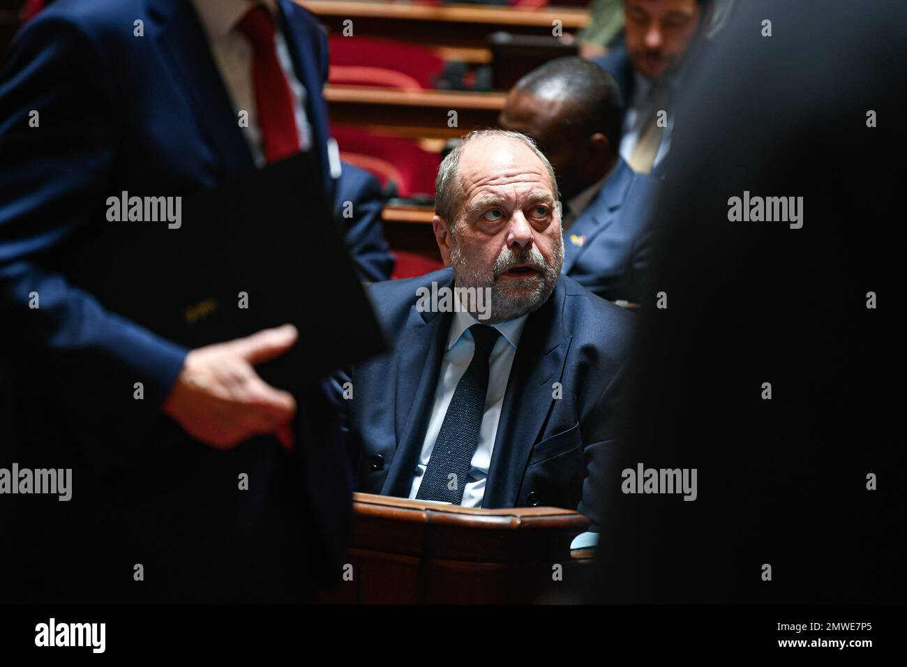 Paris, Frankreich, am 1. Februar 2023. Eric Dupond Moretti, französischer Justizminister, anlässlich einer Fragestunde an die Regierung im französischen Senat (Palais du Luxembourg) am 1. Februar 2023 in Paris, Frankreich. Foto: Victor Joly/ABACAPRESS.COM Stockfoto