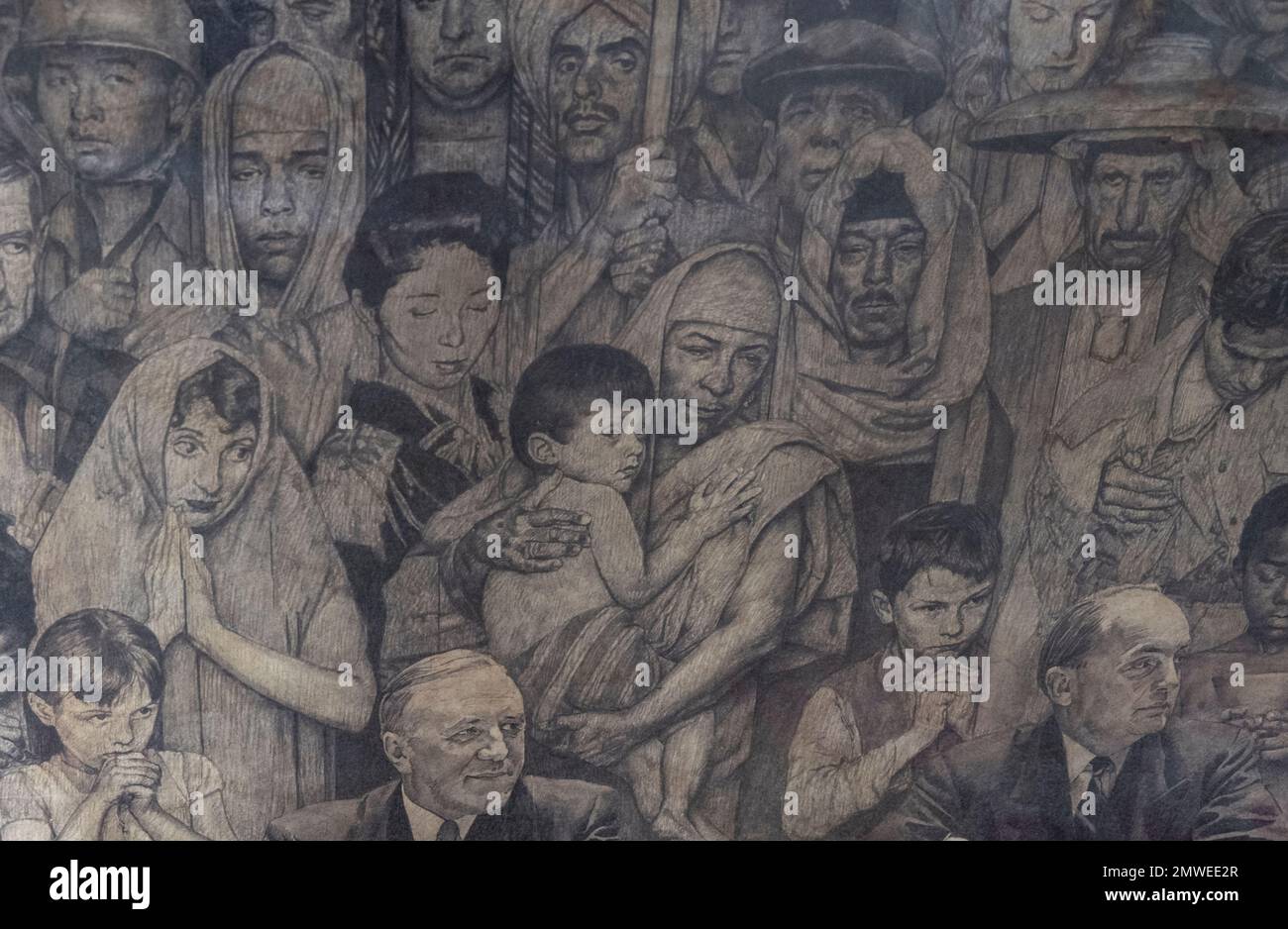 Norman Rockwell skizziert, bevor 1961 die Goldene Regel gemalt wurde. Der Künstler probiert verschiedene Ansichten und Ideen aus, bevor er malt. Stockfoto