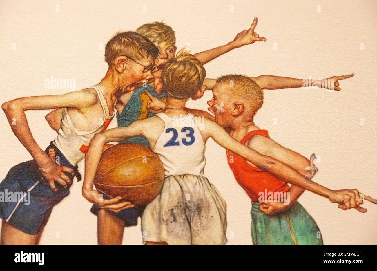 Das Gemälde Norman Rockwell rief Four Sporting Boys an: Basketball wurde 1949 für den Four Seasons Kalender hergestellt. Stockfoto