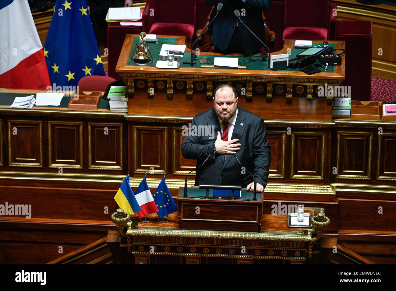 Paris, Frankreich, am 1. Februar 2023. Rede von Ruslan Stefantchuk (Rouslan Stefantchouk), Vorsitzender des ukrainischen parlaments (Präsident der ukrainischen Rada) im französischen Senat am 1. Februar 2023 in Paris, Frankreich. Foto: Victor Joly/ABACAPRESS.COM Stockfoto