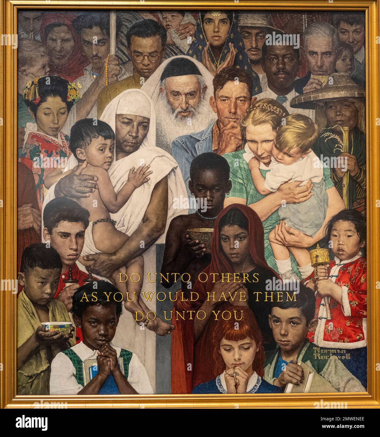 Norman Rockwell Gemälde genannt Goldene Regel, erstellt 1961 für das Samstagabend Post Magazin, das religiöse Toleranz gegenüber allen Glaubensrichtungen zeigt. Stockfoto