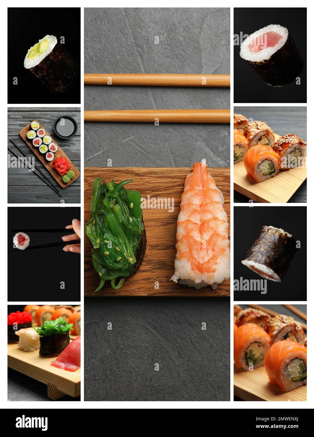 Collage mit Fotos von köstlichem Sushi und Brötchen Stockfoto