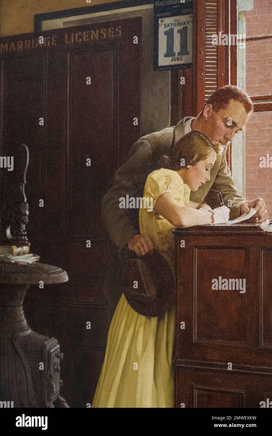 Norman Rockwell Gemälde hieß Heiratserlaubnis, die 1955 für das Saturday Evening Post Magazin erstellt wurde Stockfoto