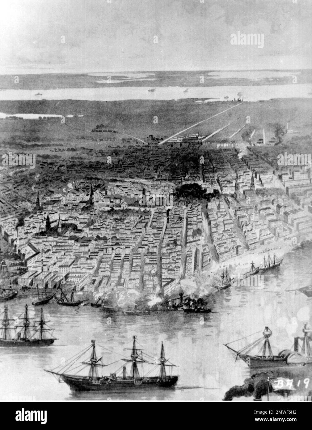 Die Schlacht von Forts Jackson und St. Philip (18.-28. April 1862) war der entscheidende Kampf um den Besitz von New Orleans im Amerikanischen Bürgerkrieg. Die beiden Festungen der Konföderierten am Mississippi südlich der Stadt wurden von einer Flotte der Union Navy angegriffen. Die Bombardierung der Festungen war größtenteils wirkungslos, aber der Übergang der unionistischen Flotte in der Nacht des 24. April 1862 führte zu einer Schlacht, in der die konföderierte Flotte zerstört wurde, und New Orleans stürzte ohne weitere Kämpfe. Dieses Bild zeigt die Unionisten-Flotte vor Anker im Mississippi in New Orleans Ca. 1862. Stockfoto