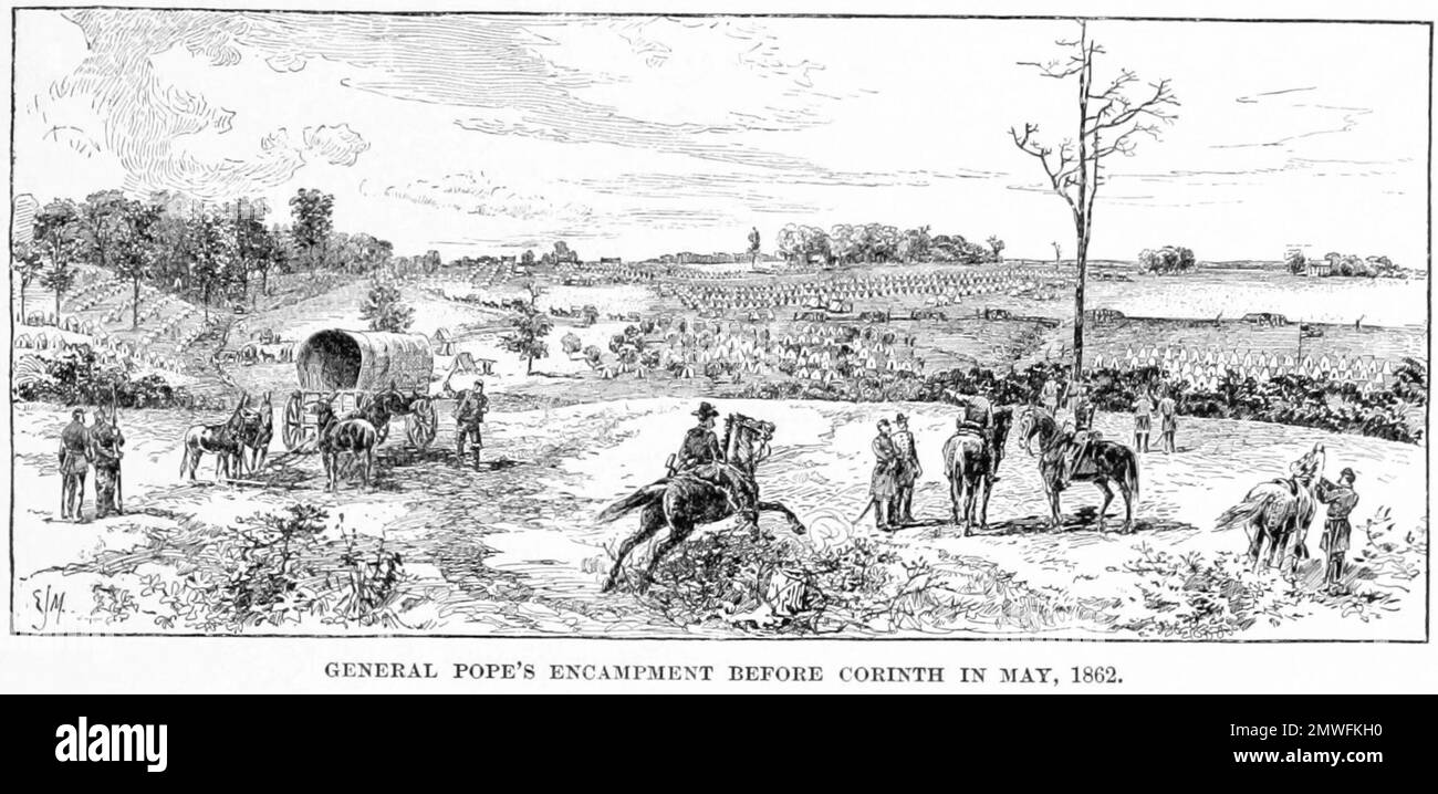 Die Belagerung von Korinth (auch bekannt als erste Schlacht von Korinth) war ein amerikanisches Bürgerkriegsverbrechen, das vom 29. April bis zum 30. Mai 1862 in Korinth, Mississippi, dauerte. Dieses Bild zeigt das Lager von General John Pope in Korinth vor der Schlacht. Stockfoto