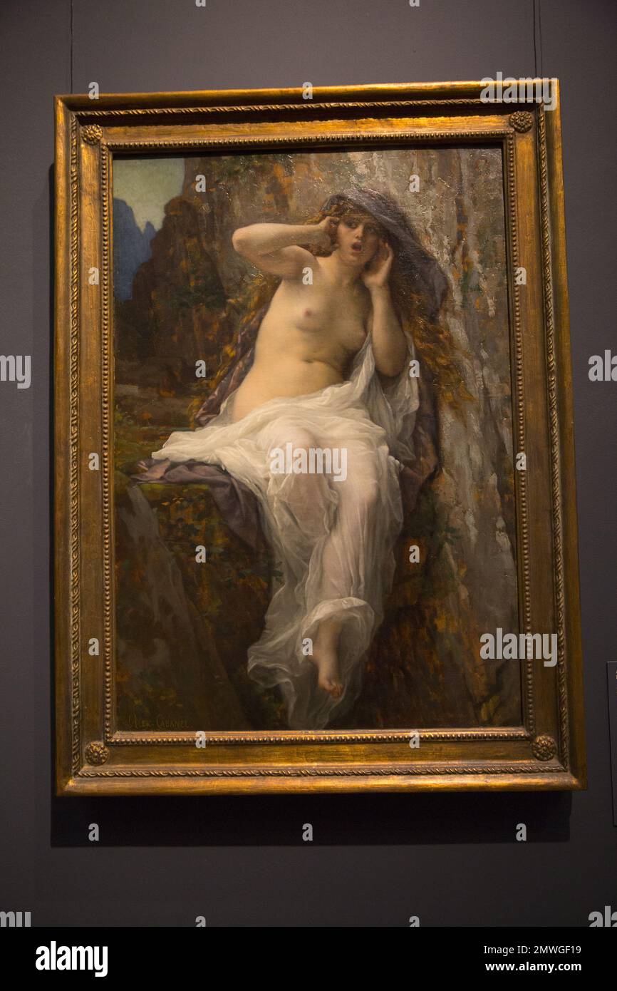 Alexandre Cabanel French, Montpellier 1823-1889 Paris. Echo, 1874, Öl auf Leinwand. In der griechischen Mythologie wird das wunderschöne Nymphe Echo von der Göttin Hera verflucht und kann nur die letzten Worte wiederholen, die zu ihr gesagt wurden. Ohne mit dem Mann, den sie liebt, kommunizieren zu können, zieht sich Echo in die Berge zurück und treibt sich fort, bis nur noch ihre Stimme übrig ist. Stockfoto