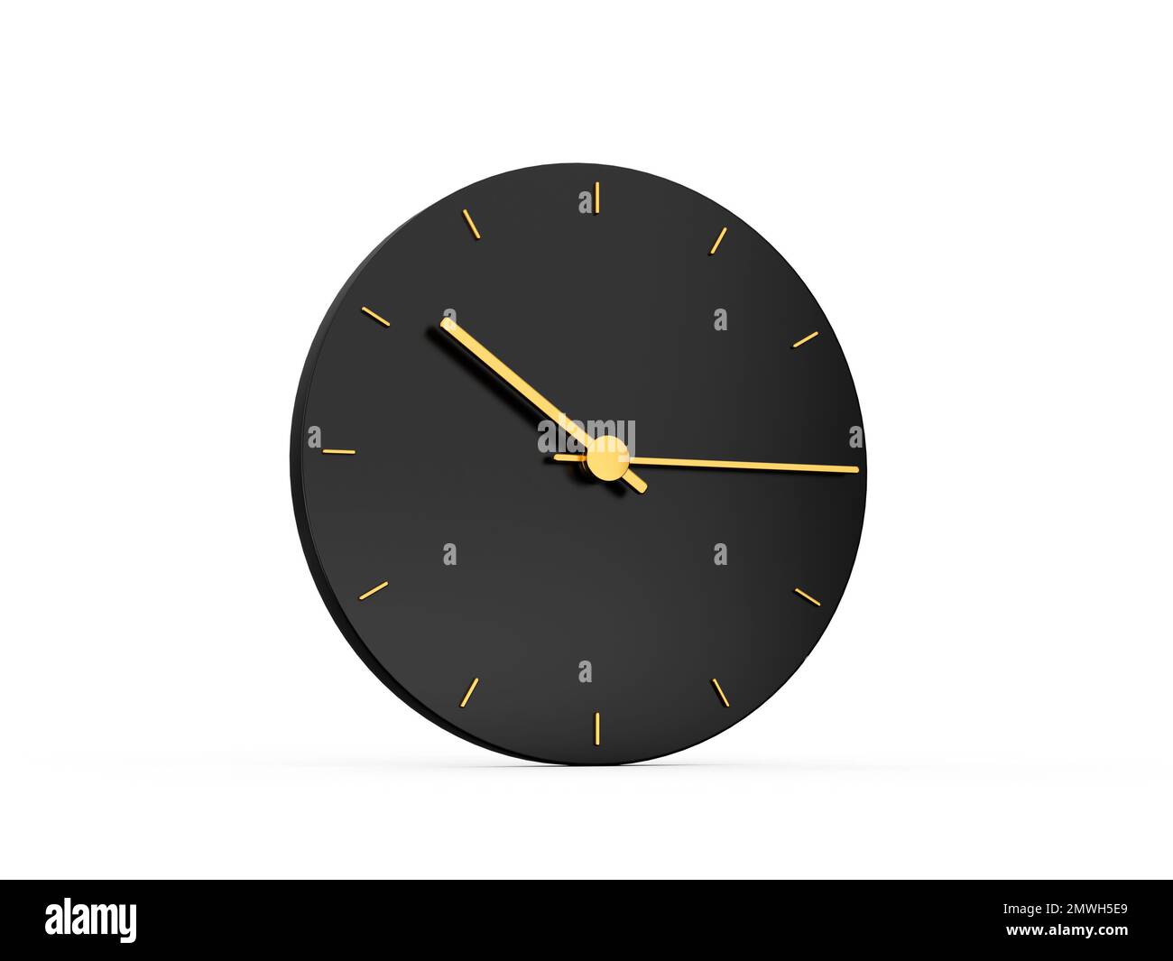 eine 3D-Darstellung eines schwarzen Uhrensymbols, isoliert 10:15 Uhr Viertel nach zehn auf weißem Hintergrund Stockfoto