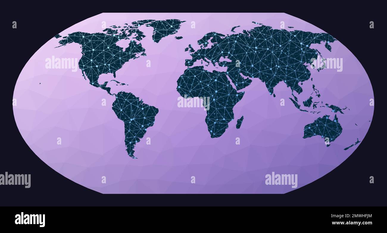 Globales Netzwerkkonzept. Wagner VI-Projektion. Weltnetzwerkkarte. Kabelgebundene Kugel in Wagner 6-Projektion auf geometrischen Hintergrund mit niedrigem Polyestergehalt. Kühle Vektorillu Stock Vektor
