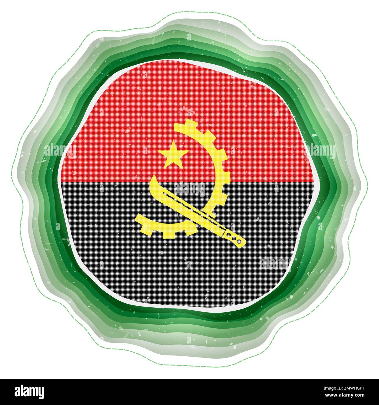 Angola-Flagge im Rahmen. Dienstmarke des Landes. Geschichtetes kreisförmiges Schild um die Flagge Angolas. Ansprechende Vektordarstellung. Stock Vektor
