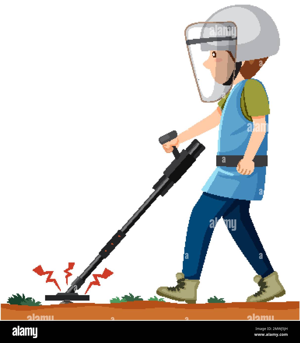 Ein Mann, der Landmine mit Metalldetektor-Illustration sucht Stock Vektor