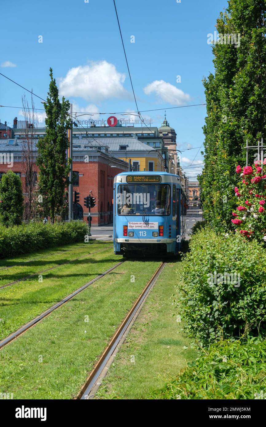 Ein vertikales Bild der süßen blauen Straßenbahn im Oslo Tramway Museum Carriage Hall 5 Stockfoto