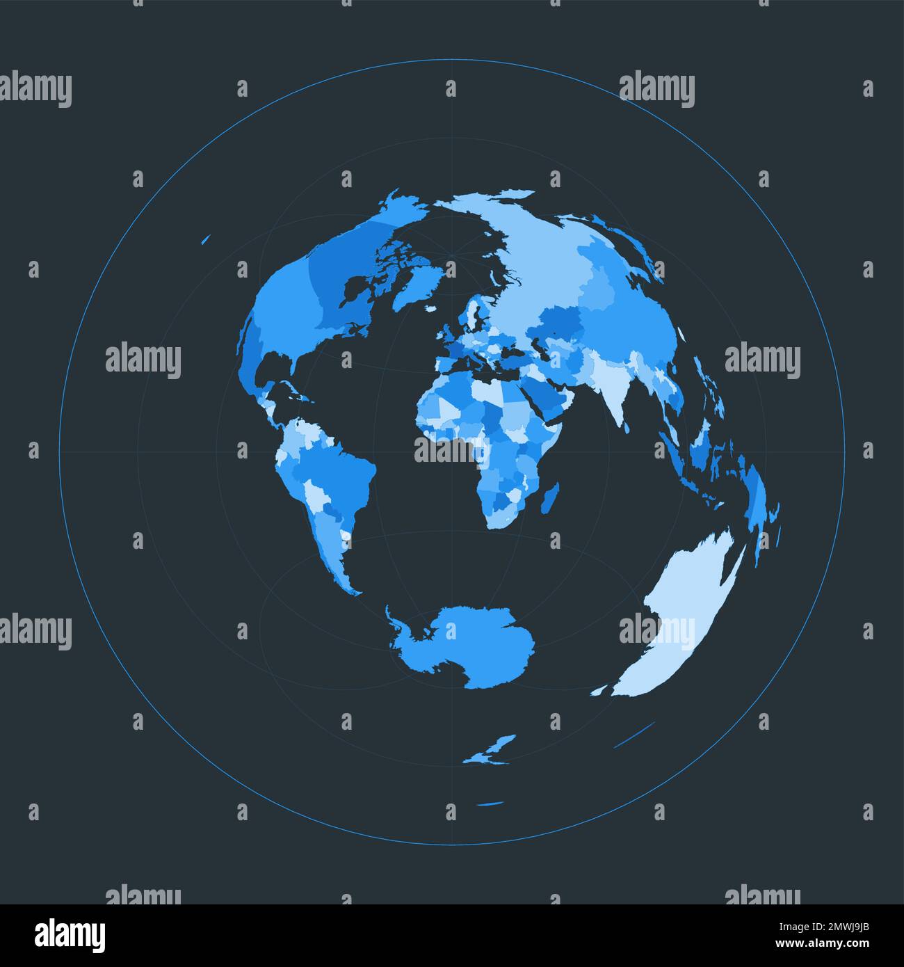 Weltkarte. Azimutale äquidistante Projektion. Futuristische Weltanschauung für deine Infografik. Schöne blaue Farbpalette. Tolle Vektordarstellung Stock Vektor