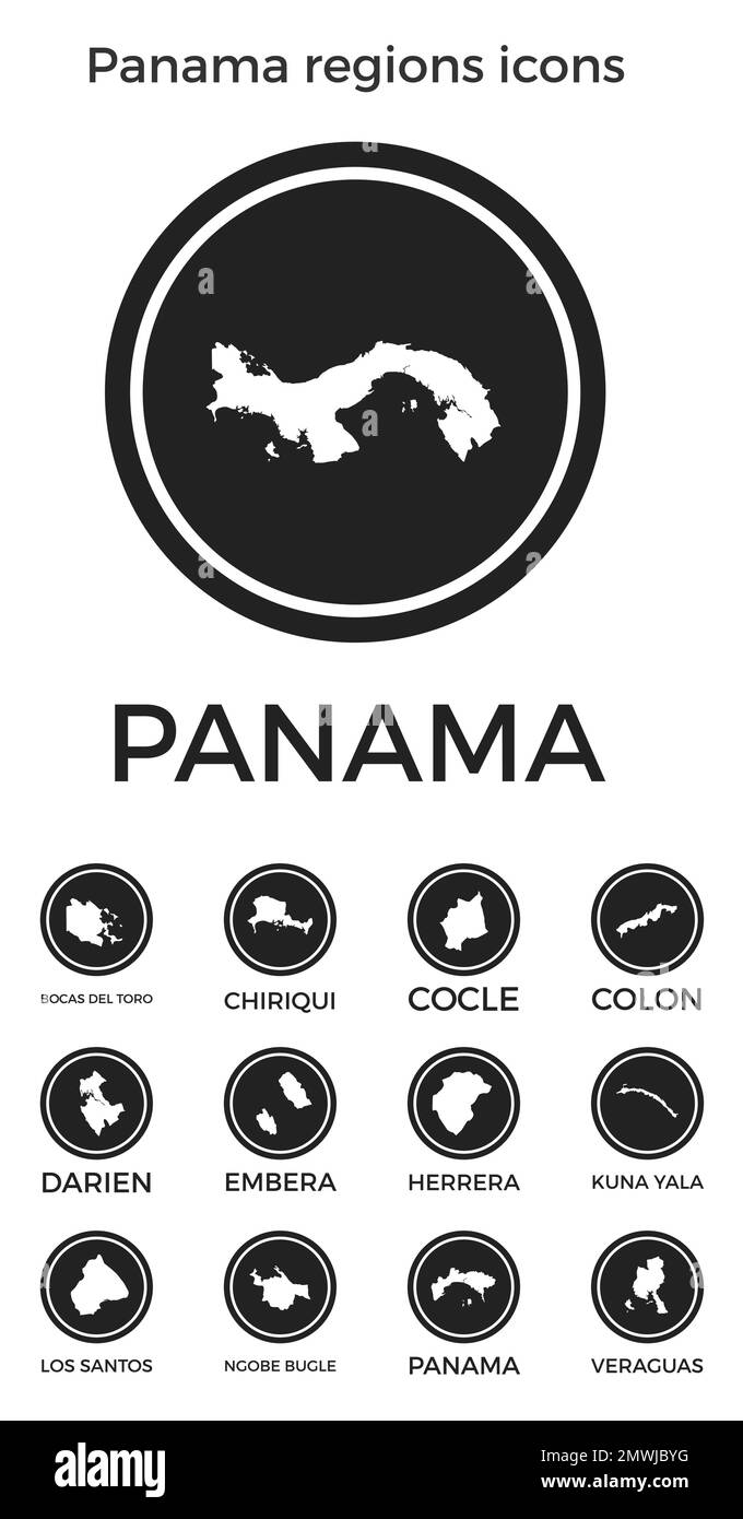 Symbole für die Regionen Panamas. Schwarze runde Logos mit Karten und Titeln der jeweiligen Region. Vektordarstellung. Stock Vektor