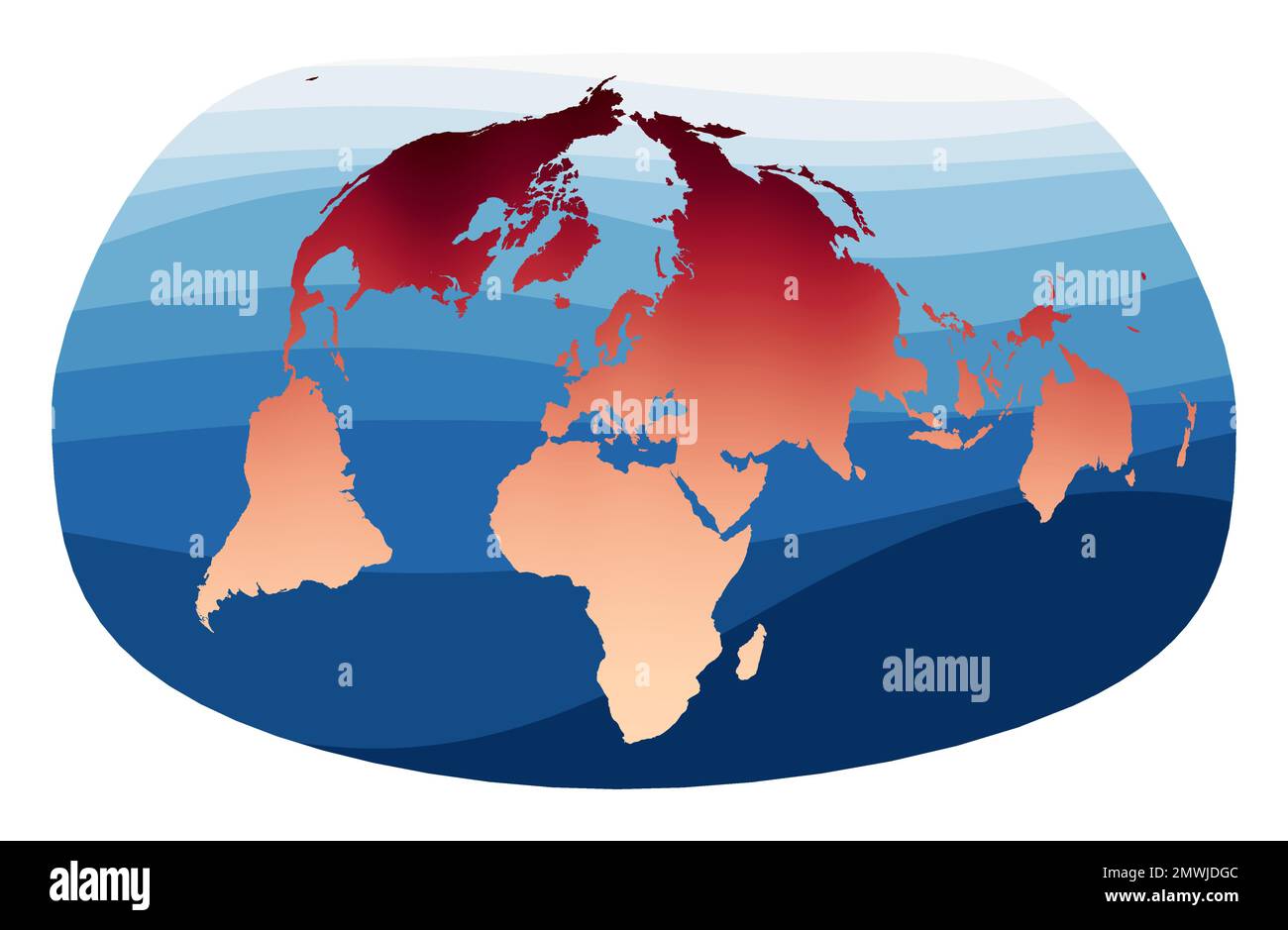 Weltkartenvektor. Jacques Bertins Projektion 1953. Welt in rot-orangefarbenem Farbverlauf auf tiefen blauen Ozeanwellen. Charmante Vektordarstellung. Stock Vektor