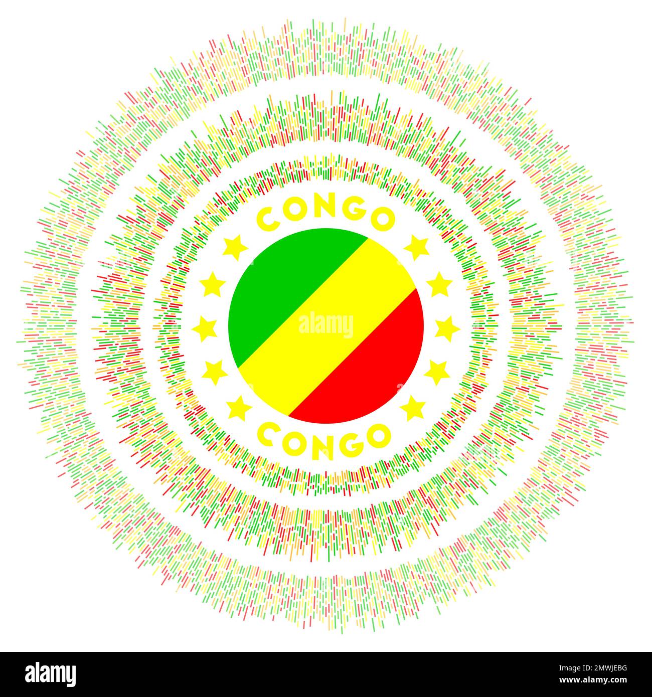 Kongo-Symbol. Leuchtende Landflagge mit bunten Rochen. Glänzender Sonnenschein mit Kongo-Flagge. Fantastische Vektordarstellung. Stock Vektor