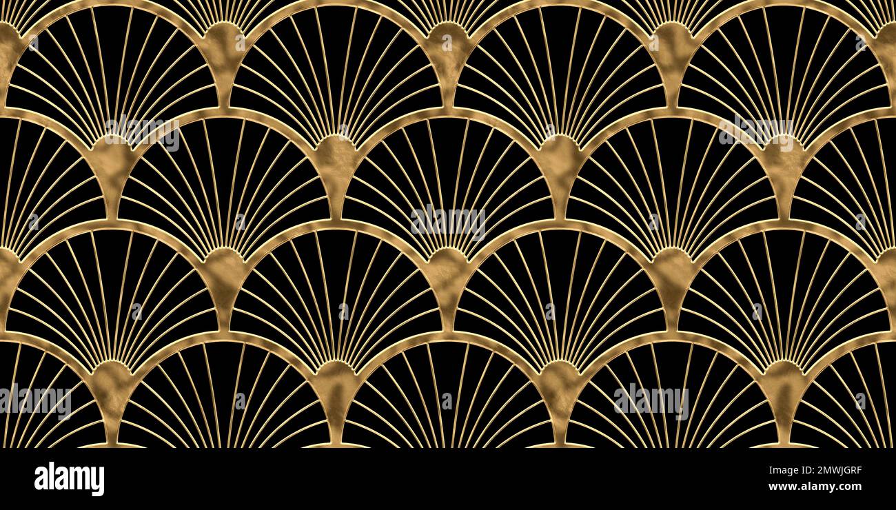 Nahtloses goldenes Art déco-Design mit Palmen- oder Muschelmuster. Abstrakte geometrische Bögen im Vintage-1920-Stil mit vergoldeten Reliefskulpturen auf schwarzem Hintergrund. Retr Stockfoto